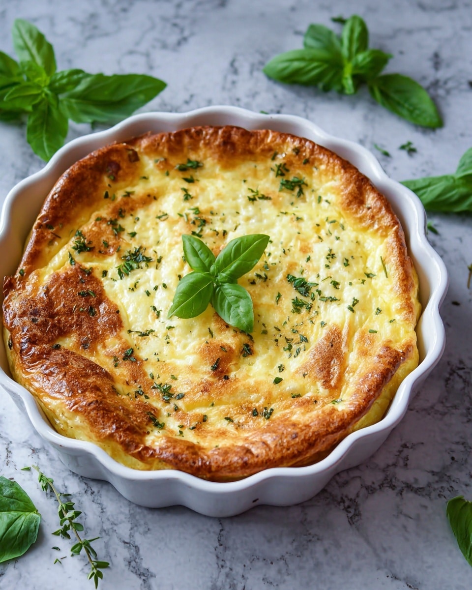 A round baked dish sits in a white ceramic pie dish, showing a golden brown, lightly puffy top with a soft yellow interior peeking through in places. The crust edges are browned and slightly uneven, adding texture. Fresh small green leaves, likely herbs, are scattered over the top, with a small basil sprig placed neatly in the center. Around the pie dish, fresh green basil leaves lay on a white marbled surface, adding contrast to the warm colors of the baked pie. photo taken with an iphone --ar 4:5 --v 7