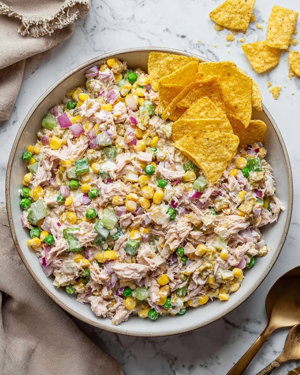 A large white bowl filled with a mixed layered salad featuring shredded pinkish tuna pieces, bright green peas, yellow corn kernels, small diced white potatoes, finely chopped red onions, and bits of red and green peppers mixed with a creamy white dressing. The salad has a scattered topping of crushed yellow corn chips, with three whole yellow corn chip triangles placed neatly on one side of the bowl. The bowl is set on a white marbled textured surface, with a folded beige cloth napkin and two silver forks nearby. photo taken with an iphone --ar 4:5 --v 7