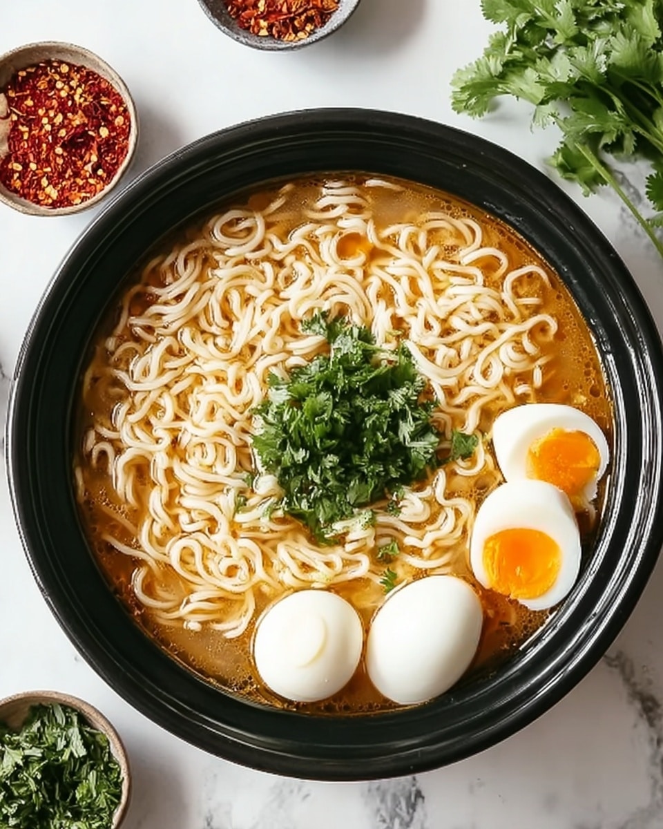 A close-up top view of a black round bowl filled with light brown broth and a generous layer of thin, pale yellow noodles spread across the surface. On the top right side of the noodles, there are three smooth, white boiled eggs, one cut in half showing a bright orange yolk. In the center, a small bunch of fresh green cilantro leaves adds a pop of color. The bowl is placed on a white marbled surface with small white bowls of red flakes and green herbs around it. Photo taken with an iphone --ar 4:5 --v 7