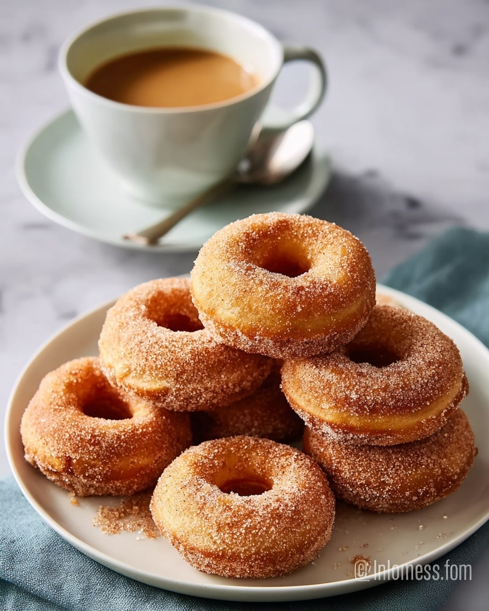A plate holds seven golden-brown doughnuts, each covered lightly with sugar crystals that sparkle softly. The doughnuts have a slightly rough texture from the sugar and show a fluffy, raised surface with a classic hole in the center. They are stacked casually, some resting on top of others on a white plate with a speckled design. In the back, a white cup filled with light brown coffee sits on a matching saucer, with a small spoon resting beside it. The scene is set on a white marbled texture. photo taken with an iphone --ar 4:5 --v 7