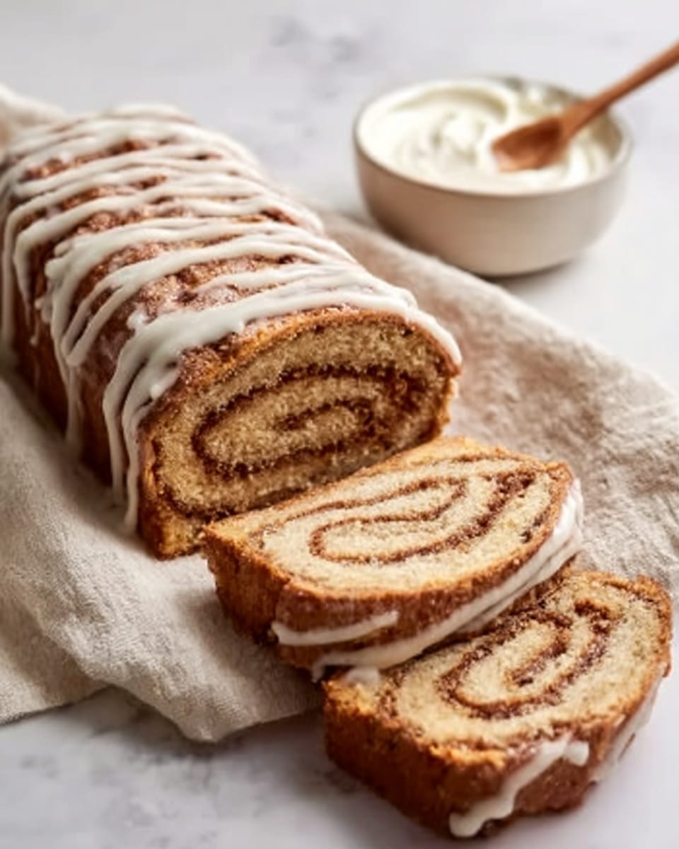 A white plate holds a sliced cinnamon roll loaf with a golden-brown crust and visible swirls of cinnamon and sugar inside, showing multiple layers of soft dough and filling. Each slice reveals a spiral pattern with light brown and darker cinnamon colors. The loaf is drizzled lightly with white icing on top. Next to the plate is a wooden spoon resting near a glass bowl filled with white icing, set on a white marbled surface. A woman's hand gently holds one slice of the cinnamon roll. Photo taken with an iphone --ar 4:5 --v 7