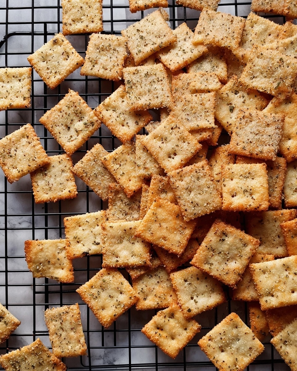 Multiple small square crackers with jagged edges are spread out evenly on a metal cooling rack. The crackers are golden brown with some areas darker from baking, showing a crispy texture. Small seeds and herbs are visible across the surface, giving a speckled look in green and darker shades. The crackers have a slightly rough texture with tiny holes. The metal cooling rack's grid pattern is clearly seen through the gaps. The background is a white marbled texture. Photo taken with an iphone --ar 4:5 --v 7