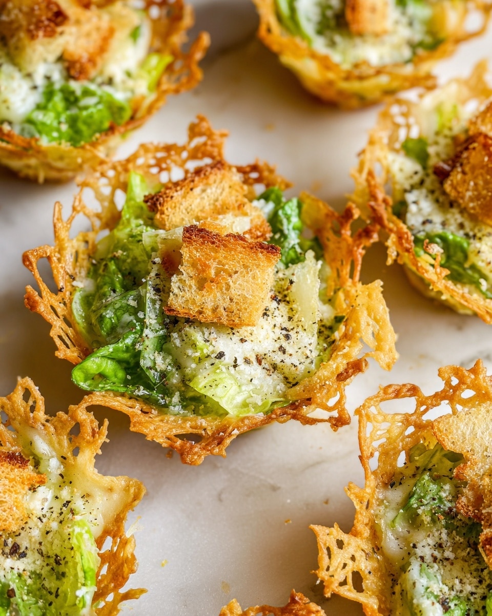 The image shows several small cups made from golden, lace-like Parmesan cheese with rough, uneven edges. Inside each cheese cup, there is a small serving of green chopped lettuce coated lightly in a creamy dressing. The lettuce is topped with tiny pieces of golden-brown croutons and sprinkled with black pepper. The cheese cups and fillings are arranged closely together on a white marbled surface. photo taken with an iphone --ar 4:5 --v 7