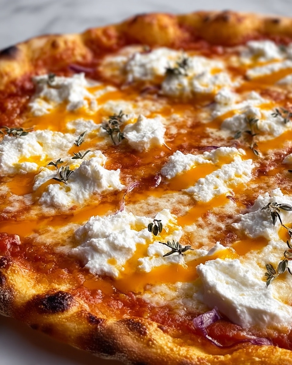 A close-up view of a pizza with one visible layer of reddish tomato sauce spread evenly on a thin, golden-brown crust with a slightly charred edge. The next layer shows melted white cheese covering the sauce fully, topped with dollops of soft white ricotta cheese scattered across the surface. Thin drizzle lines of bright orange oil run vertically over the cheese, and small dried green herb leaves are sprinkled all over. The pizza rests on a white marbled surface. photo taken with an iphone --ar 4:5 --v 7