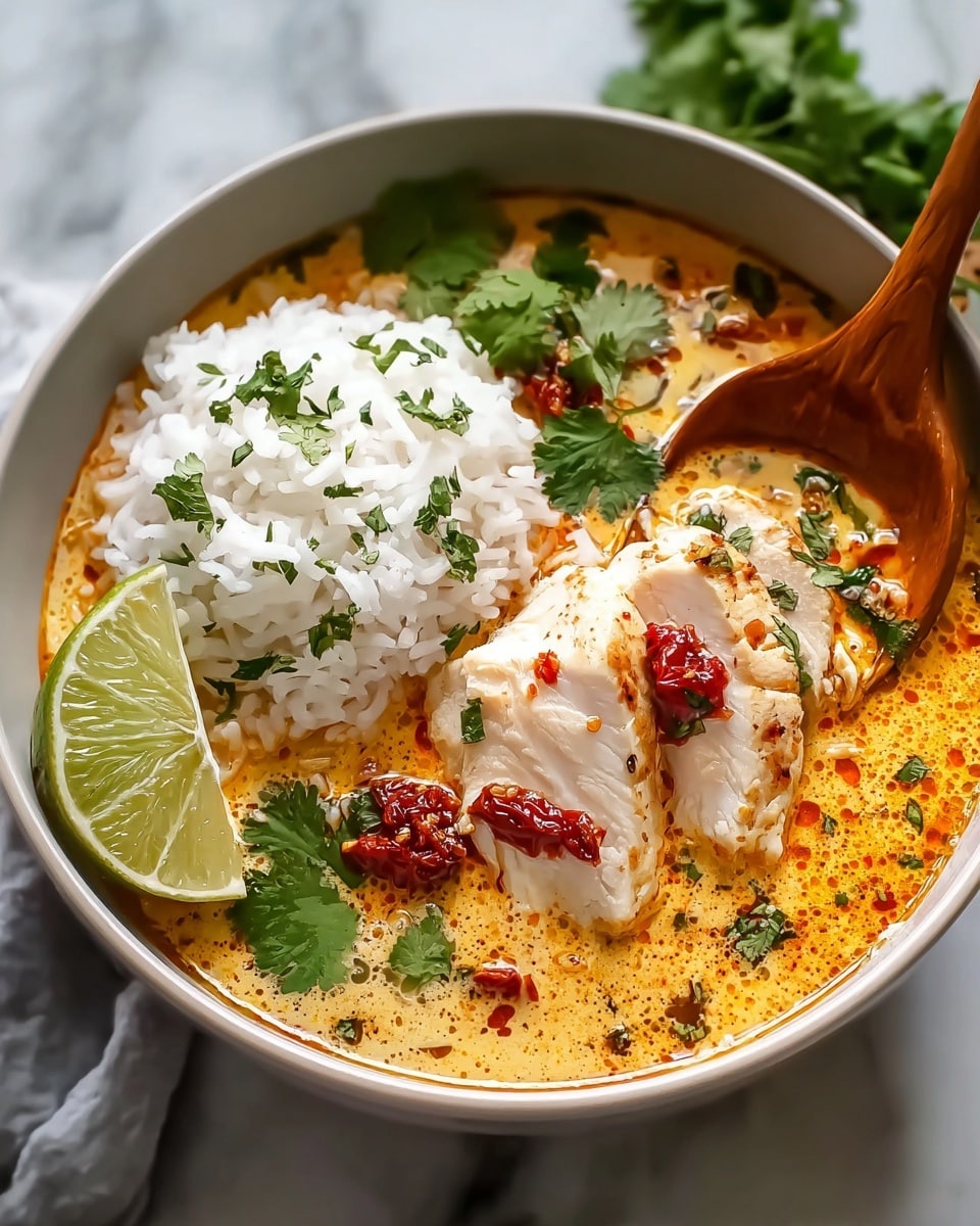 A bowl filled with white rice garnished with small green cilantro leaves on one side, next to two lime wedges placed on top of an orange creamy soup base. The creamy soup contains tender pieces of white chicken breast with a reddish-brown spicy sauce dolloped on top, sprinkled with fresh green herbs. A wooden spoon lifting a sliced piece of chicken from the soup, all presented on a white marbled surface. photo taken with an iphone --ar 4:5 --v 7
