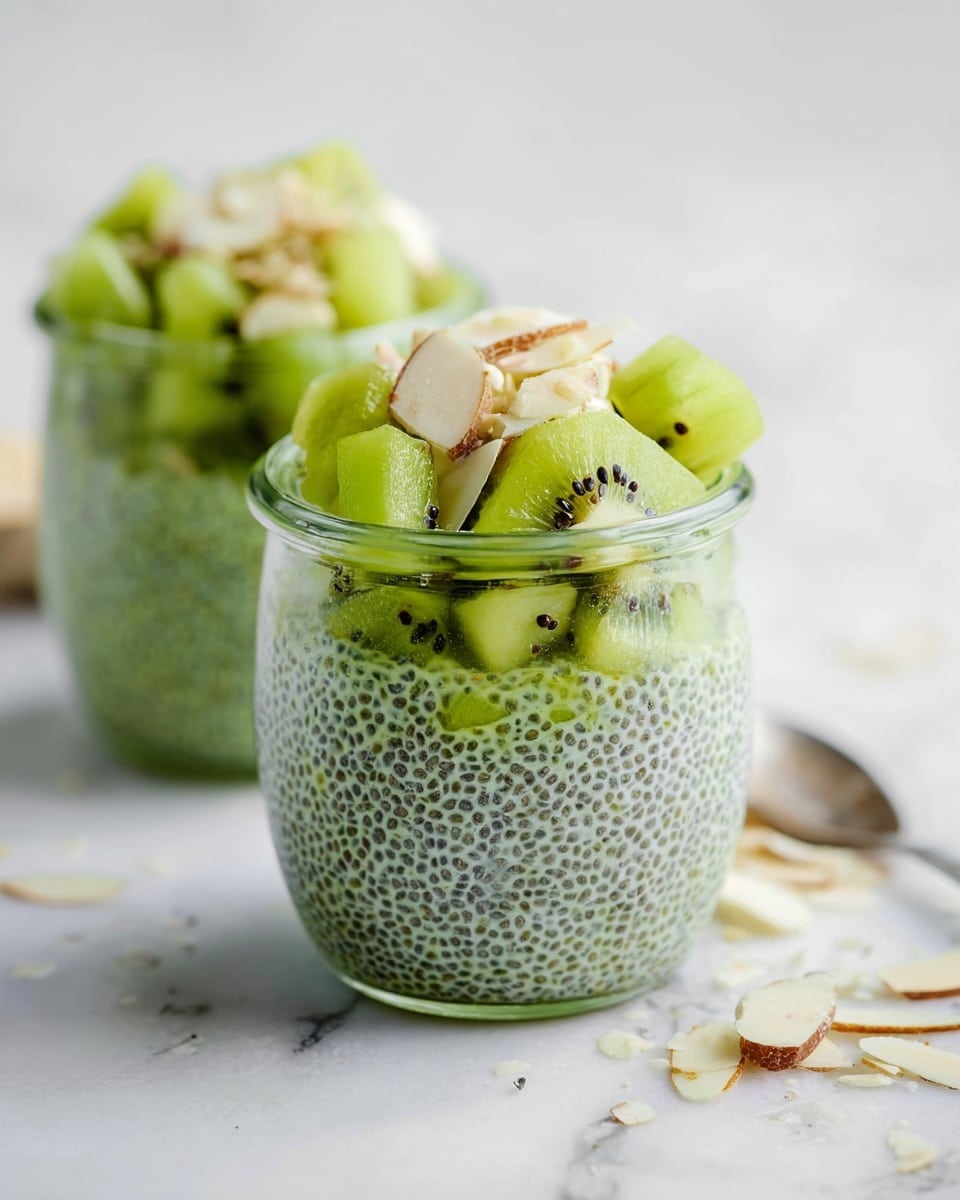 Two clear glass jars are filled with green chia pudding showing tiny chia seeds suspended in creamy green mixture as the first layer. On top of this, there is a layer of small, fresh kiwi chunks with light green flesh and black seeds. Scattered over the kiwi pieces are thin, off-white almond flakes adding texture and contrast. Both jars sit on a white marbled surface, and small bits of the almond flakes are scattered loosely around. The focus is on the front jar with the second jar softly blurred in the background. photo taken with an iphone --ar 4:5 --v 7