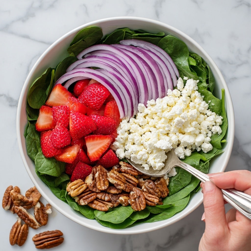 A white bowl filled with a fresh salad sits on a white marbled surface with a blue striped cloth next to it. The bottom layer is bright green spinach leaves covering the whole bowl. The next layers are arranged in horizontal stripes: at the top, light purple sliced red onions, then white crumbly cheese, followed by brown pecan halves, then bright red halved strawberries, another layer of white crumbly cheese, and finally more brown pecans at the bottom. A silver spoon is placed on the surface near the bowl. Photo taken with an iphone --ar 4:5 --v 7