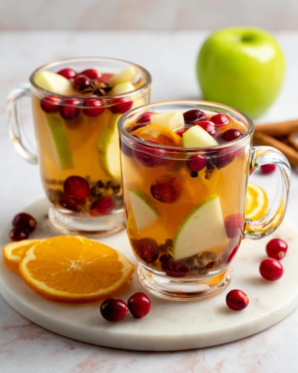 The image shows two clear glass cups filled with layered fruit drink. The bottom layer has light orange chunks, the middle layer is pale yellow with small red cranberries scattered throughout, and the top layer has bright green apple slices along with more cranberries floating. The cups are placed on a white round board with orange slices and loose cranberries around. In the background, a green apple and cinnamon sticks rest on a white marbled surface. The scene is bright and clean, with the colors of the fruits standing out clearly. Photo taken with an iphone --ar 4:5 --v 7