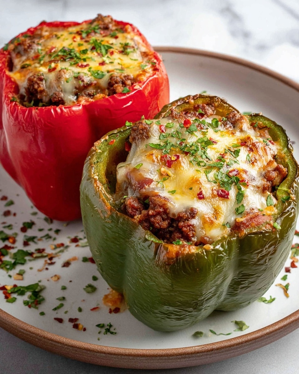 Two stuffed bell peppers sit on a white plate with a brown rim on a white marbled surface. The green bell pepper on the left is hollowed and filled with layers of cooked ground meat and rice, topped with a thick layer of golden-brown melted cheese sprinkled with red pepper flakes and chopped green herbs. The red bell pepper on the right has the same filling and cheese topping, also browned and slightly bubbly, garnished with green herbs and red pepper flakes. Small bits of herbs and spices are scattered around the peppers on the plate. Photo taken with an iphone --ar 4:5 --v 7