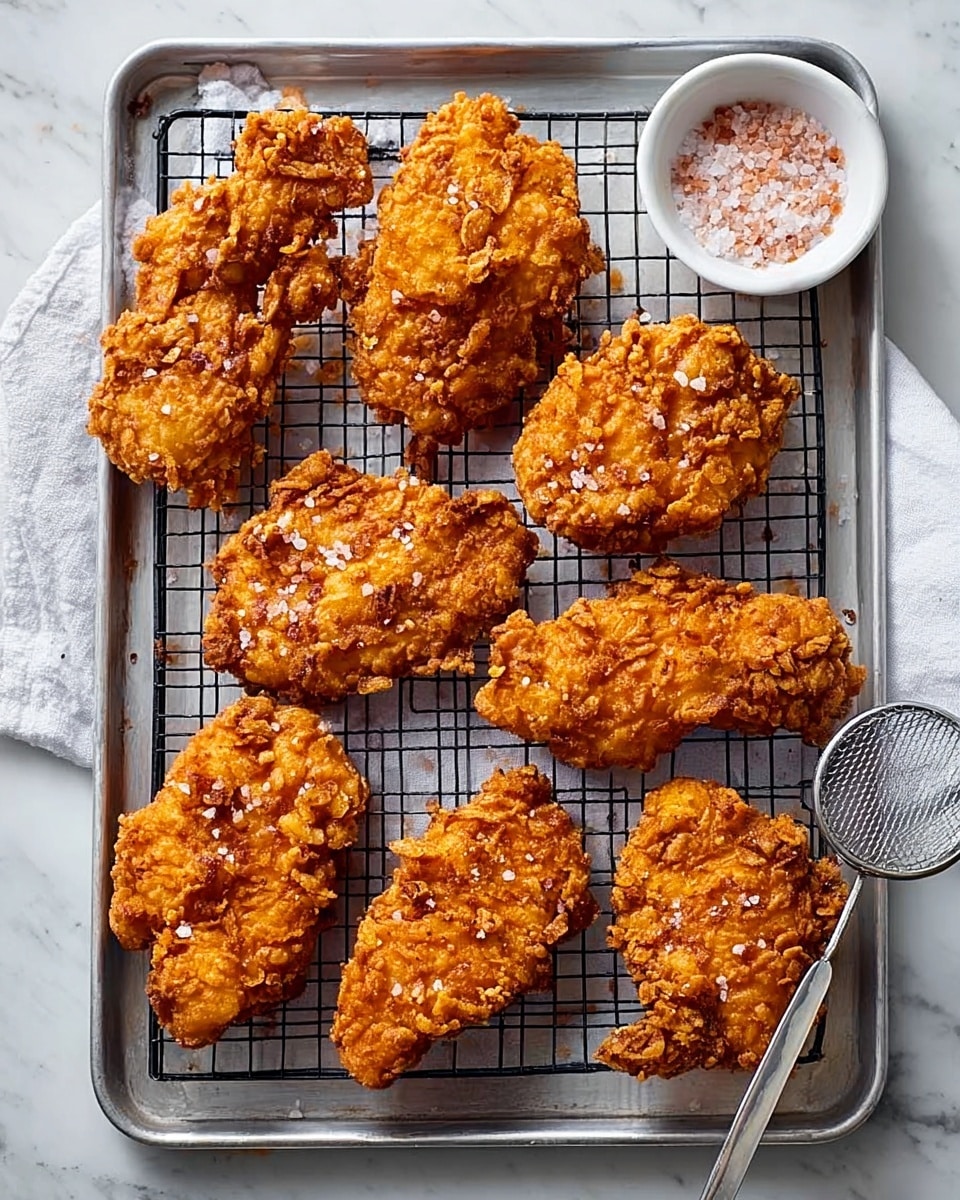 A silver tray with a wire rack holds eight pieces of golden brown fried chicken, each piece showing a crispy, rough, crunchy texture with some salt sprinkled on top. A small white bowl filled with coarse pink salt is placed on the top right corner of the tray. Two metal tongs rest on the top left corner, touching one piece of chicken. The tray is set on a white marbled surface. photo taken with an iphone --ar 4:5 --v 7