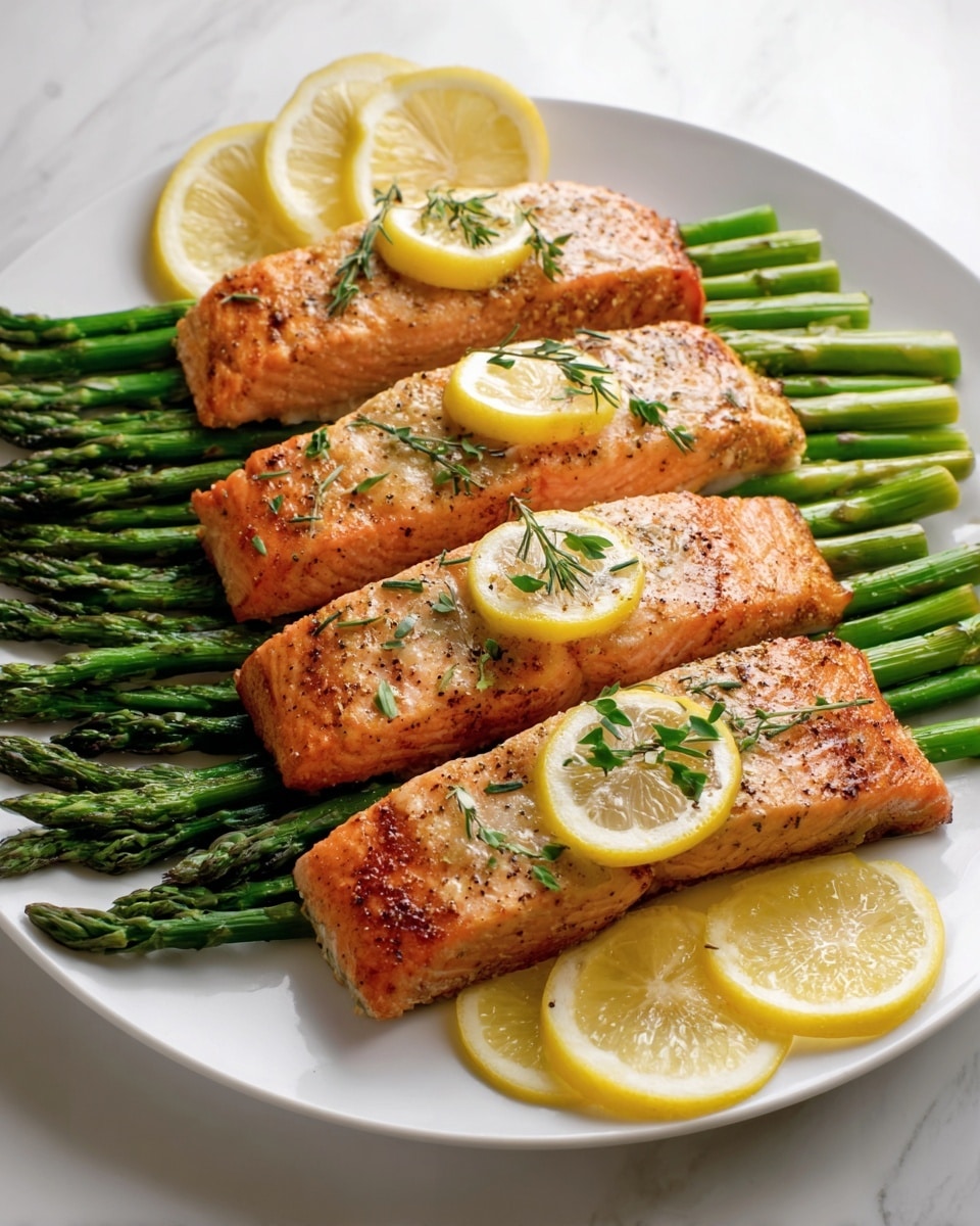 The dish shows four pieces of cooked salmon placed on a base layer of bright green asparagus spears arranged in a neat row. Each salmon fillet has a slightly crispy, golden-brown surface with small specks of seasoning and fresh green thyme leaves sprinkled on top. On each piece, there is a thin round slice of lemon, adding a pop of yellow and white contrast. The asparagus underneath looks tender and fresh, while a few extra lemon slices rest at the corner of the white plate. The entire arrangement sits on a shiny white plate against a white marbled textured surface. photo taken with an iphone --ar 4:5 --v 7