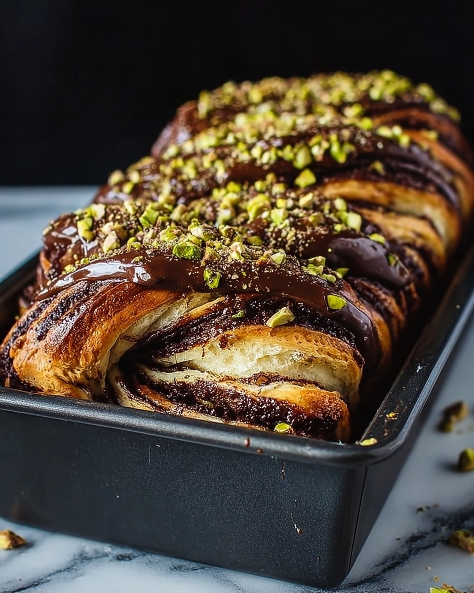 A close-up view of a baked loaf made of layered pastry dough twisted with chocolate filling inside, showing about six visible vertical folds. The outer layers are golden brown with a glossy finish, and thick dark chocolate is generously drizzled over the top in wide ribbons. Small green pistachio pieces and some crushed nuts are sprinkled evenly on top of the chocolate drizzle, adding texture and color. The loaf is placed in a rectangular metal baking pan, resting on a white marbled surface with a dark blurred background. photo taken with an iphone --ar 4:5 --v 7