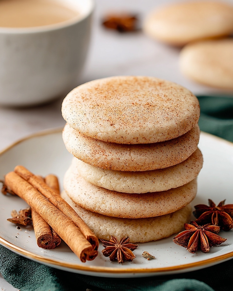 A stack of six round, soft-looking cookies with a light beige color and a slightly rough texture sits on a white plate with a thin brown rim. The cookies have a dusting of brown spice powder on top, with some sprinkled around the edges. The stack is slightly leaning, with the bottom cookie partly visible lying flat. Around the plate, there are long cinnamon sticks and star anise, adding warm brown tones. In the blurred background, there is a white bowl with a textured pattern, filled with a creamy drink. The surface beneath everything is a white marbled texture. photo taken with an iphone --ar 4:5 --v 7