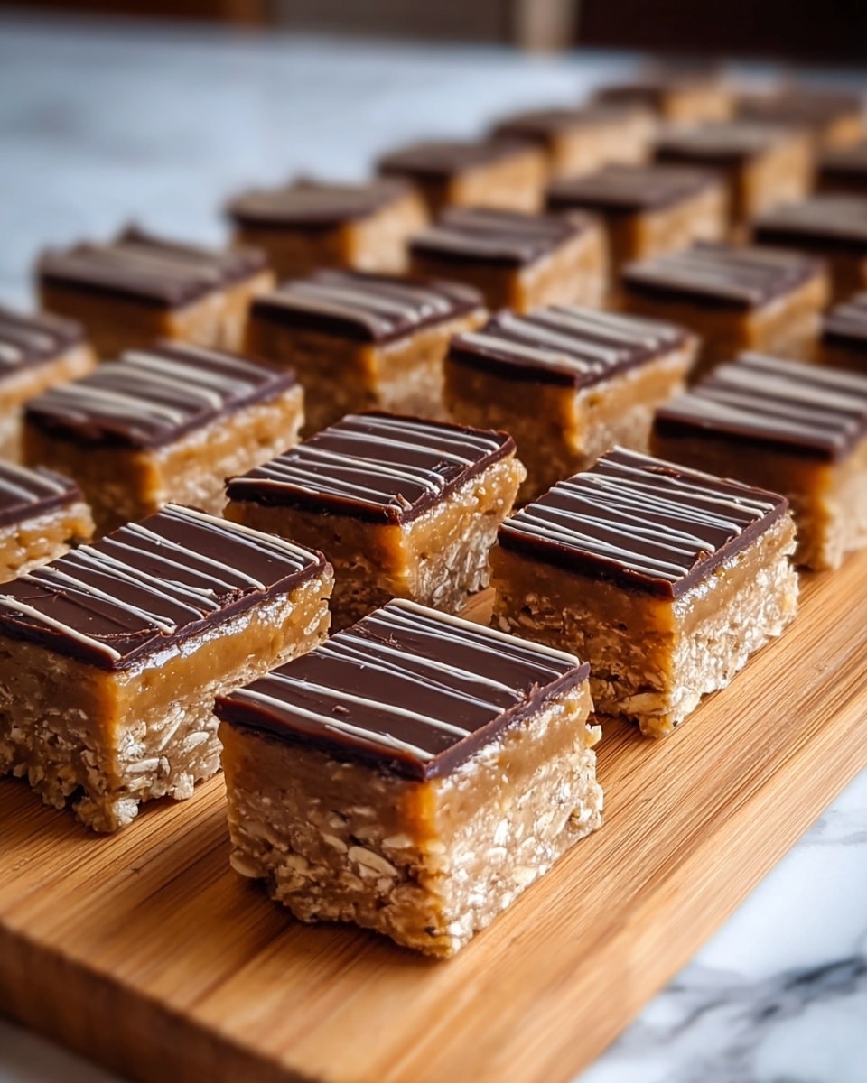 The image shows a close-up view of neatly cut dessert bars arranged in rows on a wooden board with a white marbled texture underneath. Each bar has two visible layers: the bottom layer is light brown and nutty with a slightly crumbly texture, and the top layer is a glossy golden caramel color with small nuts embedded in it. Dark brown chocolate drizzle lines run across the top layer in neat stripes. The background is softly blurred kitchen cabinets. Photo taken with an iphone --ar 4:5 --v 7