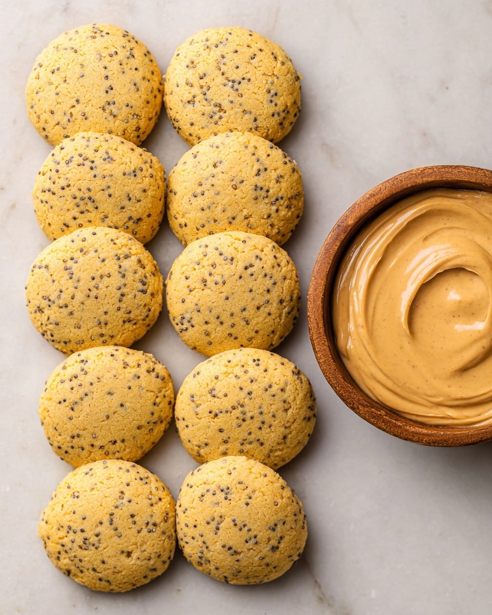 The image shows ten round, light brown cookies with small black chia seeds scattered all over their smooth surface, arranged neatly on a white marbled texture. To the right of the cookies, there is a wooden bowl filled with a smooth, creamy light tan sauce or dip. The overall scene has a soft, natural light that highlights the texture of the cookies and the creamy bowl contents. photo taken with an iphone --ar 4:5 --v 7