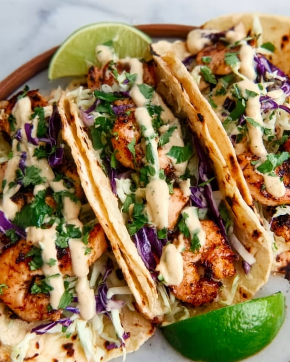 The image shows three soft tacos filled with layers of grilled, browned chicken pieces on the bottom. On top of the chicken is a layer of finely shredded purple and white cabbage, adding color and texture. Drizzled over all the tacos is a creamy, light beige sauce with a smooth texture. Small green cilantro leaves are scattered across the tacos, adding freshness. A wedge of lime is visible in the corner, adding a fresh green accent. The tacos are placed on a white plate, set against a white marbled background. Photo taken with an iphone --ar 4:5 --v 7