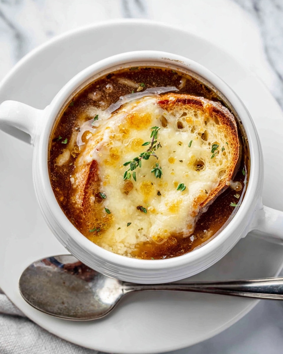 A white ceramic bowl filled with dark brown onion soup sits on a white plate over a white marbled surface. Floating on the soup is a single toasted bread slice with a golden, bubbly melted cheese layer on top, slightly browned around edges with some fresh green thyme leaves sprinkled as garnish. A silver spoon rests on the edge of the plate next to the bowl handle. The image shows a cozy, warm dish with a rich texture and inviting colors. photo taken with an iphone --ar 4:5 --v 7