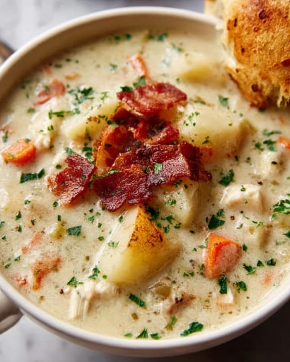 The image shows a white bowl filled with a thick, creamy soup containing chunks of potatoes and small pieces of orange carrots. On top of the soup, there is a generous layer of crispy, reddish-brown bacon bits scattered in the center. The soup is garnished with finely chopped green herbs, and there is a light sprinkle of black pepper over the surface. A golden brown piece of toasted bread is partially visible resting on the edge of the bowl. The bowl sits on a white marbled texture surface. Photo taken with an iphone --ar 4:5 --v 7