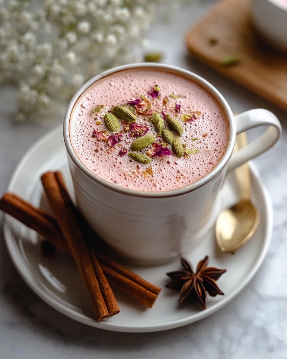 A tall white ceramic mug filled with a light brown frothy drink topped with green cardamom pods and small pink dried petals sits at the center of a white plate. The plate holds two cinnamon sticks lying parallel and a dark brown star anise pod. A small brass spoon rests on the edge of the plate. The setting is on a white marbled texture with some out-of-focus flowers and rustic elements in the background, creating a cozy atmosphere. photo taken with an iphone --ar 4:5 --v 7