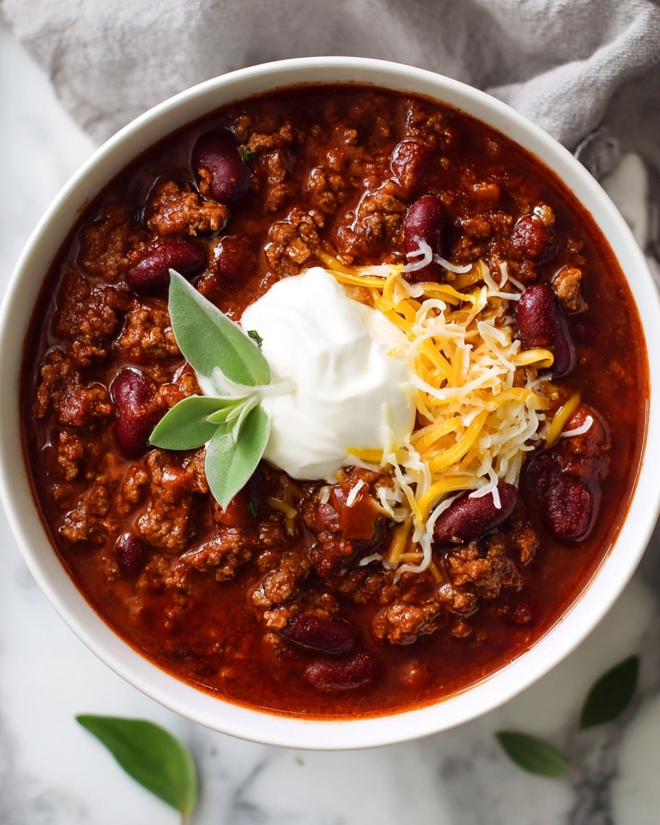 A white bowl filled with thick chili, showing a rich reddish-brown stew with visible pieces of ground meat and red kidney beans mixed throughout. On top, there is a layer of shredded yellow cheddar cheese slightly melted into the chili, followed by a generous dollop of smooth white sour cream. A small green parsley leaf sits on the sour cream as a fresh garnish. The bowl rests on a white marbled surface. photo taken with an iphone --ar 4:5 --v 7