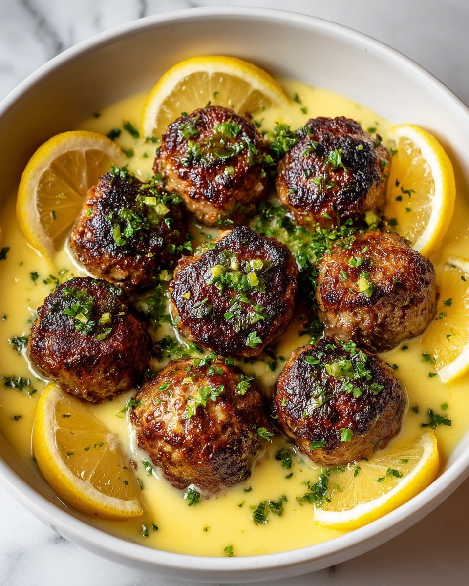 The image shows a white shallow dish filled with eight golden-brown meatballs, each with a slightly crispy, textured surface and small bits of green herbs visible within the meat. The meatballs are arranged closely together in the dish and are partially covered by a light creamy sauce with a smooth texture. Scattered finely chopped green herbs are sprinkled on top of the meatballs and sauce. Three lemon wedges, bright yellow with a juicy, textured inside, are placed on the edge of the dish, contrasting with the brown meatballs and pale sauce. The dish rests on a white marbled surface, adding a clean, elegant background. Photo taken with an iphone --ar 4:5 --v 7