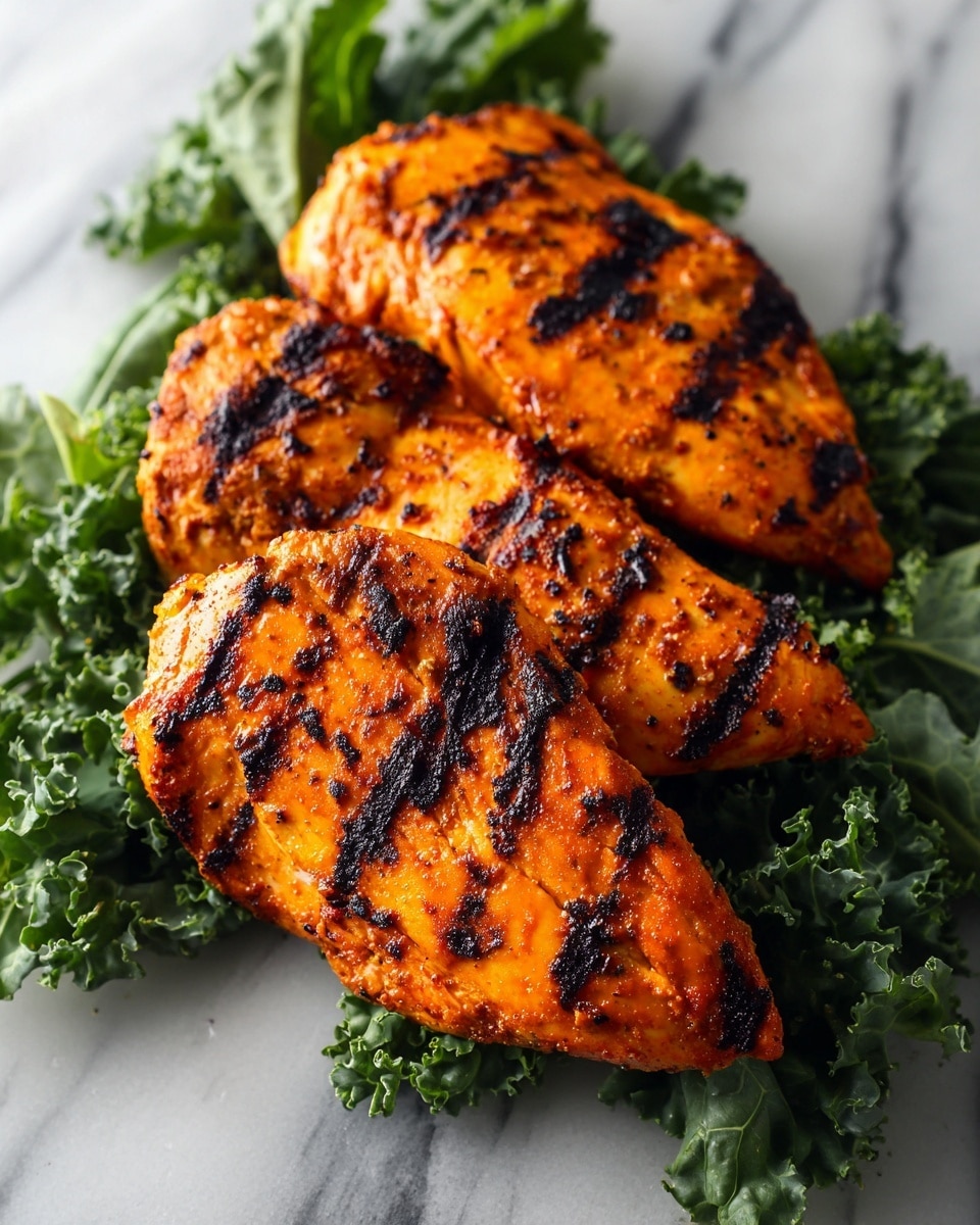 The image shows three pieces of grilled chicken with a bright orange and slightly charred surface, some parts darker brown from the grill. The chicken pieces are placed on a bed of fresh green spinach leaves on a white marbled surface. The chicken looks juicy with a rough texture from the marinade and grill marks. The spinach underneath adds a fresh contrast with smooth green leaves. Photo taken with an iphone --ar 4:5 --v 7