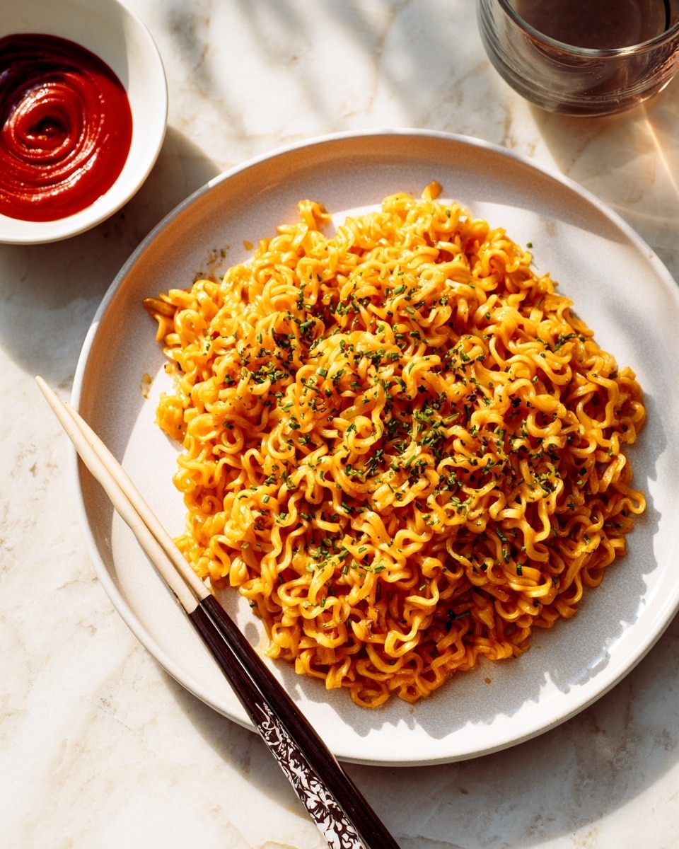 A large mound of orange-colored curly pasta coated in creamy sauce fills a smooth, round white plate, sprinkled with finely chopped green herbs on top. Resting on the edge of the plate are a pair of light tan and black chopsticks with a simple white pattern near the top. To the side, a small white bowl contains a thick, deep red sauce with a swirled texture. The whole setup is placed on a white marbled surface, with soft natural lighting highlighting the textures and colors. Photo taken with an iphone --ar 4:5 --v 7