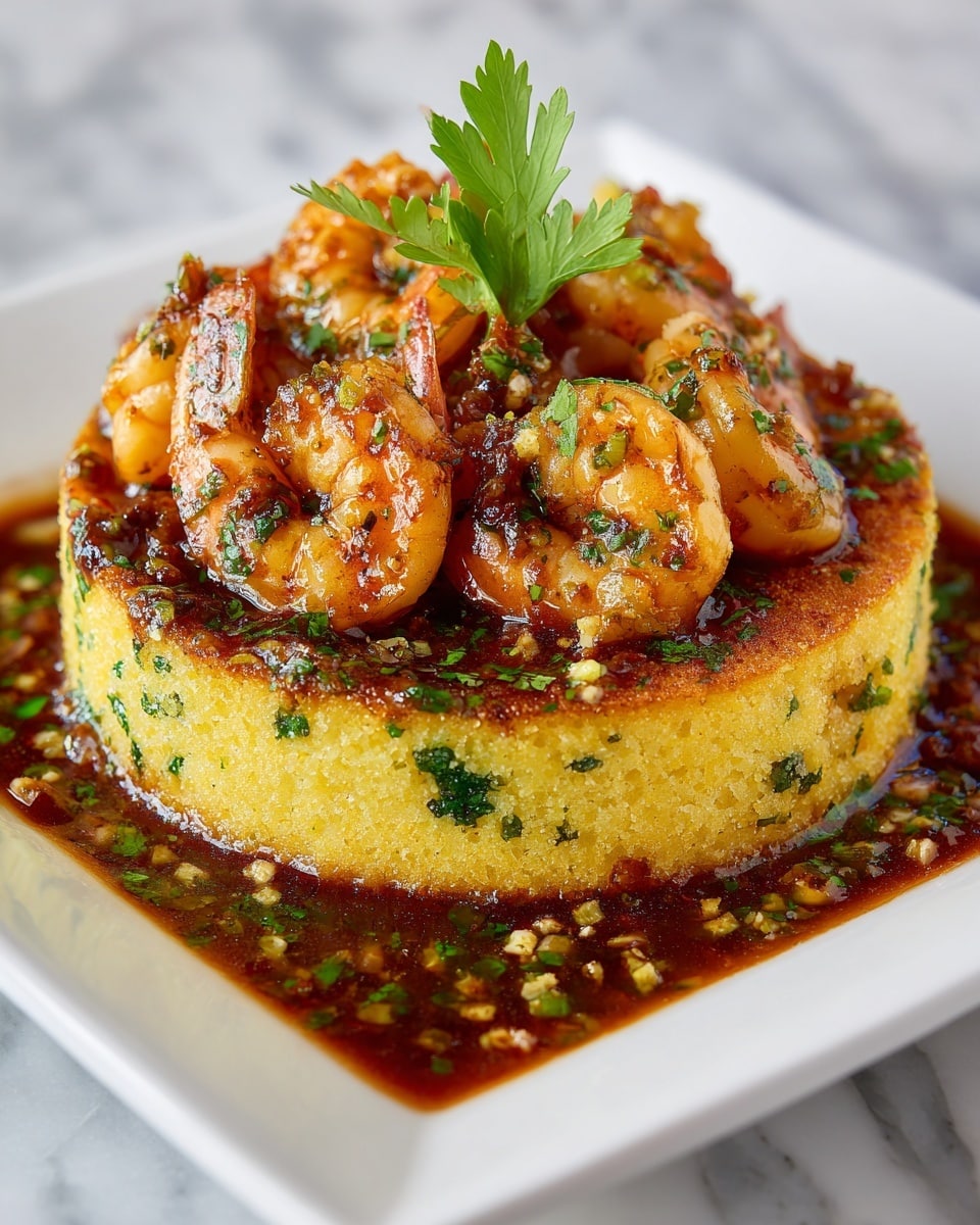 A round yellow base with green herb pieces is placed on a white plate, it looks soft but firm and slightly browned on top. On this base, there are several pieces of cooked shrimp, orange-pink in color with some green herbs sprinkled over them. Surrounding the base is a dark brown sauce with visible green herb bits, and a green leafy herb sprig rests on top as garnish. The background is a white marbled texture. photo taken with an iphone --ar 4:5 --v 7