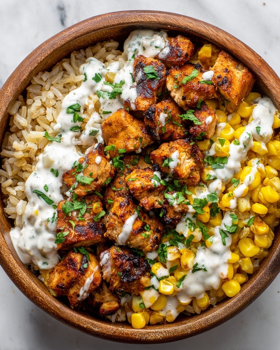 A wooden bowl holds a three-layer dish starting with a bottom layer of white, fluffy rice mixed with yellow corn kernels. On top, there are chunks of grilled chicken with a golden-brown char, giving a slightly crispy texture and a warm orange color. The top layer is a creamy white sauce dotted with green herbs, generously drizzled over the chicken. Fresh green cilantro leaves are sprinkled over the entire dish, adding a fresh and bright touch. The bowl sits on a white marbled surface with soft natural light highlighting the textures and colors. photo taken with an iphone --ar 4:5 --v 7