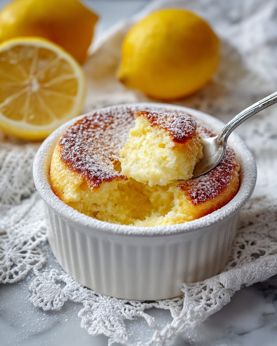 A baked lemon soufflé sits inside a white round ceramic dish with scalloped edges. The top layer is golden brown with a slightly cracked texture and is dusted with fine white powdered sugar. Beneath the top, a fluffy, light yellow interior is visible where a spoon has scooped out a portion, revealing a moist, soft texture. The dish rests on a white marbled surface, and in the background, whole and halved fresh lemons add a bright yellow contrast with some white flowers softly blurred. Photo taken with an iphone --ar 4:5 --v 7