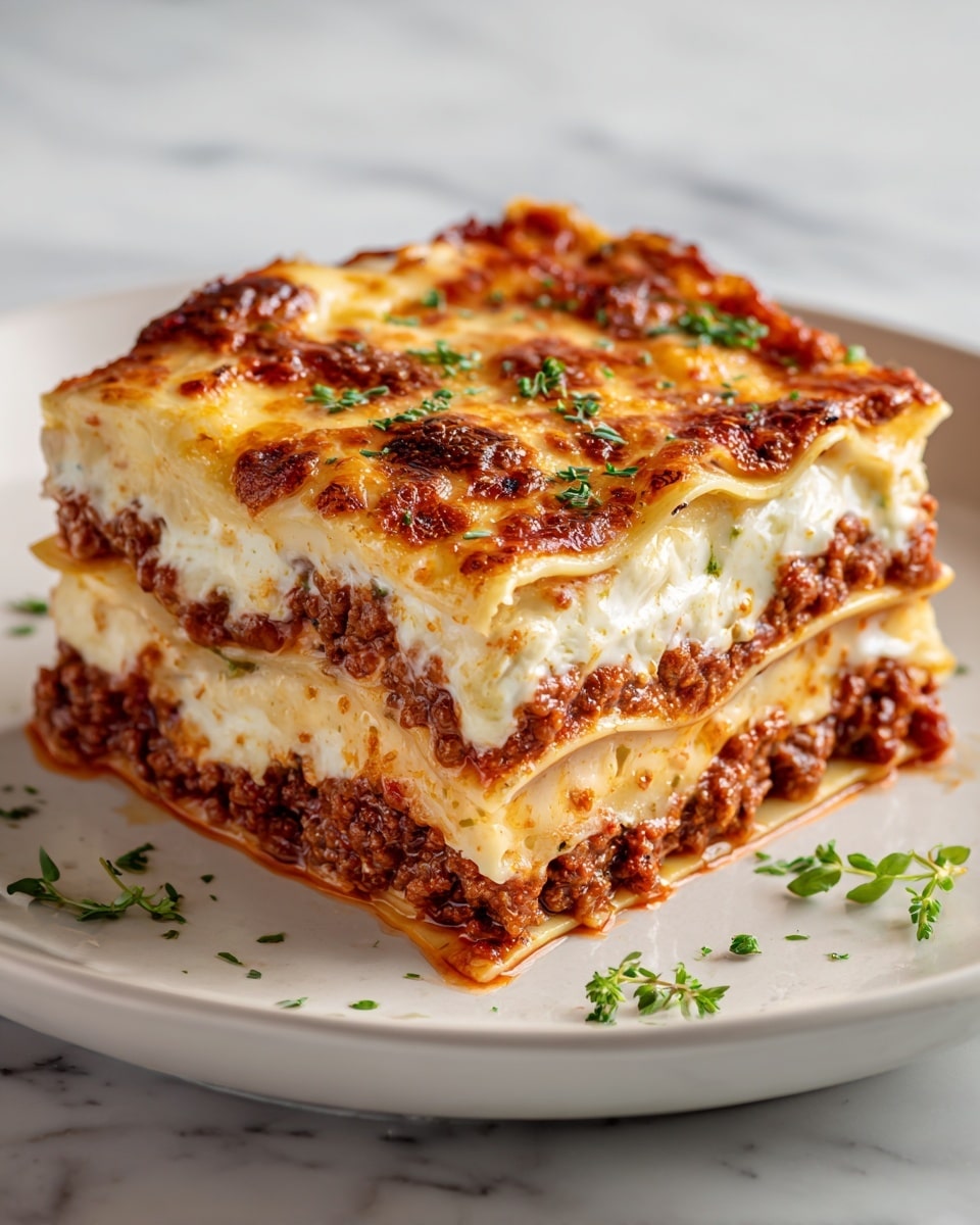 A close-up view of a square slice of lasagna on a white plate, showing four visible layers of wavy yellow pasta sheets separated by thick layers of rich red meat sauce mixed with crumbly white cheese. The top layer is covered with golden-browned melted cheese with small green herb leaves scattered on it and around the plate. The texture looks creamy and slightly crispy on top, with some sauce and cheese spilling onto the plate. The background is a blurred white marbled texture. photo taken with an iphone --ar 4:5 --v 7