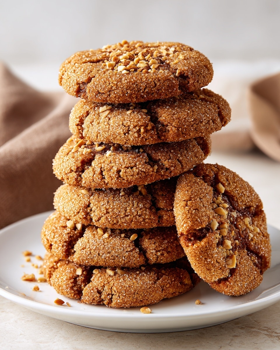 A white plate holds a stack of seven round cookies with a golden brown color and a slightly cracked surface, showing a soft texture. Each cookie has a sprinkle of chopped white nuts on top, adding a crunchy detail. The cookies have a cinnamon-sugar coating that creates darker brown patches across the surface. The plate is sitting on a white marbled surface, with warm, soft lighting highlighting the cookies' texture and color. Photo taken with an iphone --ar 4:5 --v 7