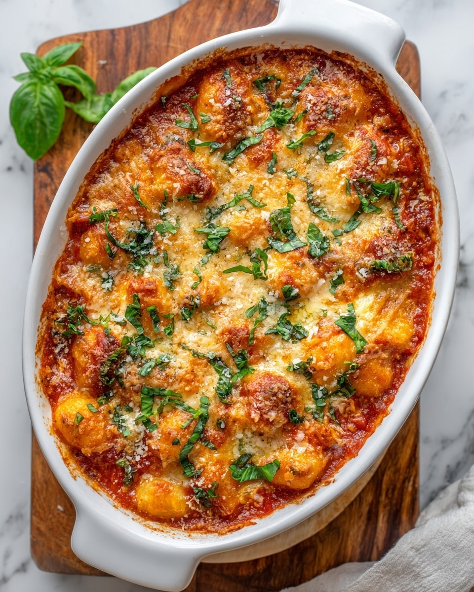 A white oval baking dish filled with baked gnocchi layered with a bright red tomato sauce, covered in a thick, bubbly layer of melted golden-brown cheese, sprinkled with small fresh green basil leaves and grated white cheese, all sitting on a wooden board over a white marbled surface. photo taken with an iphone --ar 4:5 --v 7