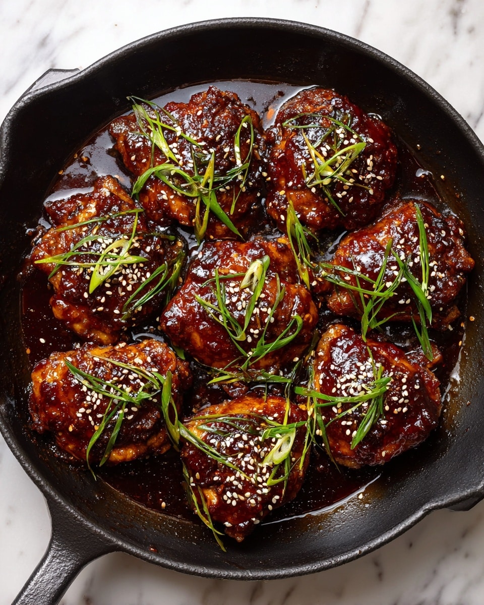 The image shows six pieces of glazed chicken thighs cooked in a black pan. Each piece is covered with a shiny, dark brown sauce that looks sticky and thick. The chicken has a slightly crispy texture with some charred spots, and they are scattered with white sesame seeds. Bright green thin slices of scallions are spread over the chicken, adding a fresh contrast to the dark sauce. The pan’s inner surface is black and non-reflective, filled with the rich sauce pooling at the base, enhancing the glazed effect on the chicken. The background is a white marbled texture. photo taken with an iphone --ar 4:5 --v 7
