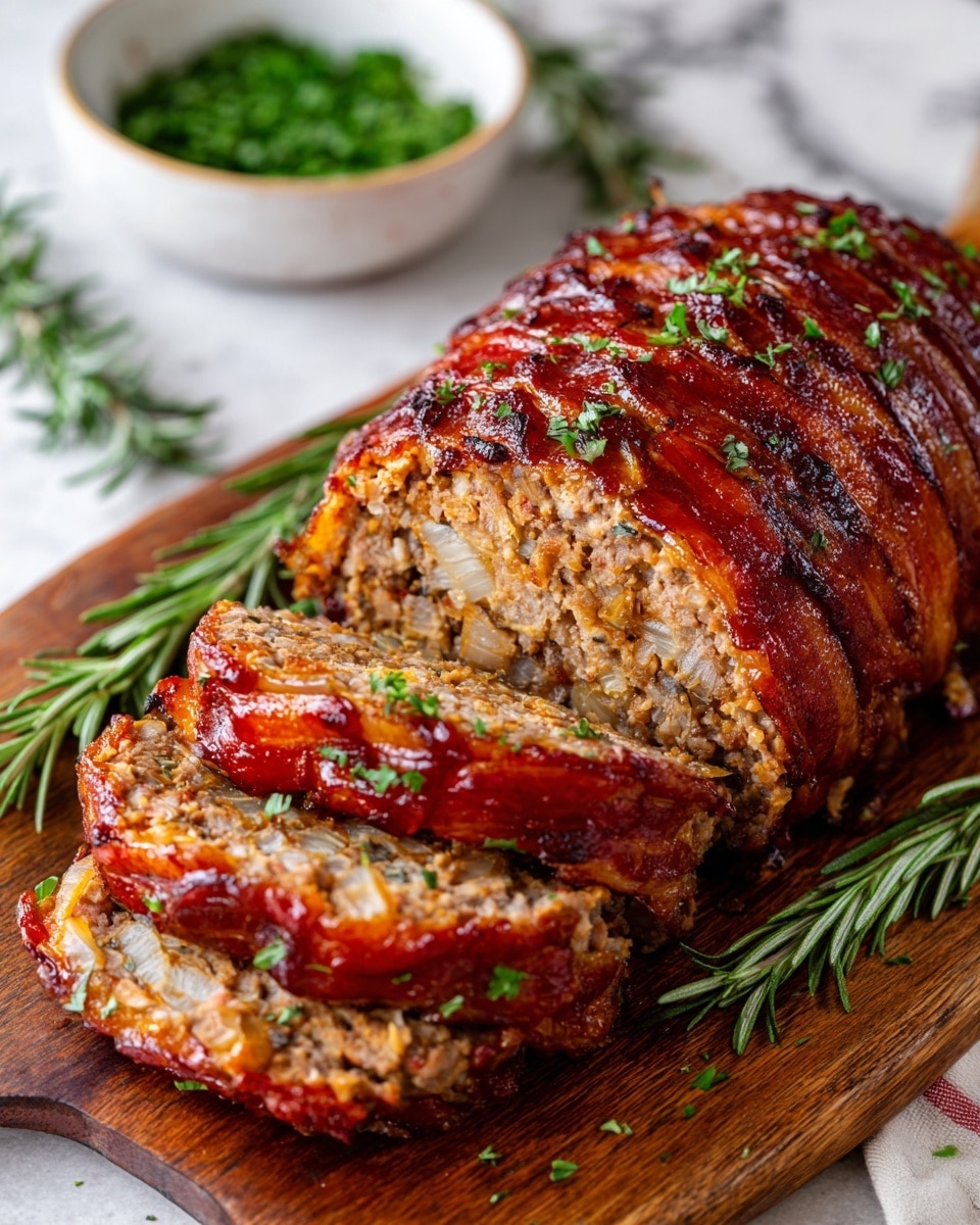 A meatloaf wrapped in crispy, shiny bacon sits on a wooden cutting board with visible wood grain texture. The meatloaf is sliced into four pieces, showing a dense, finely ground brown interior with bits of onion and herbs inside. The outer layer is golden brown bacon with a glossy finish, sprinkled with small green herb bits. Fresh rosemary sprigs decorate the board beside the meatloaf, adding green contrast. In the background, a blurred white bowl filled with chopped herbs sits on a white marbled surface. photo taken with an iphone --ar 4:5 --v 7