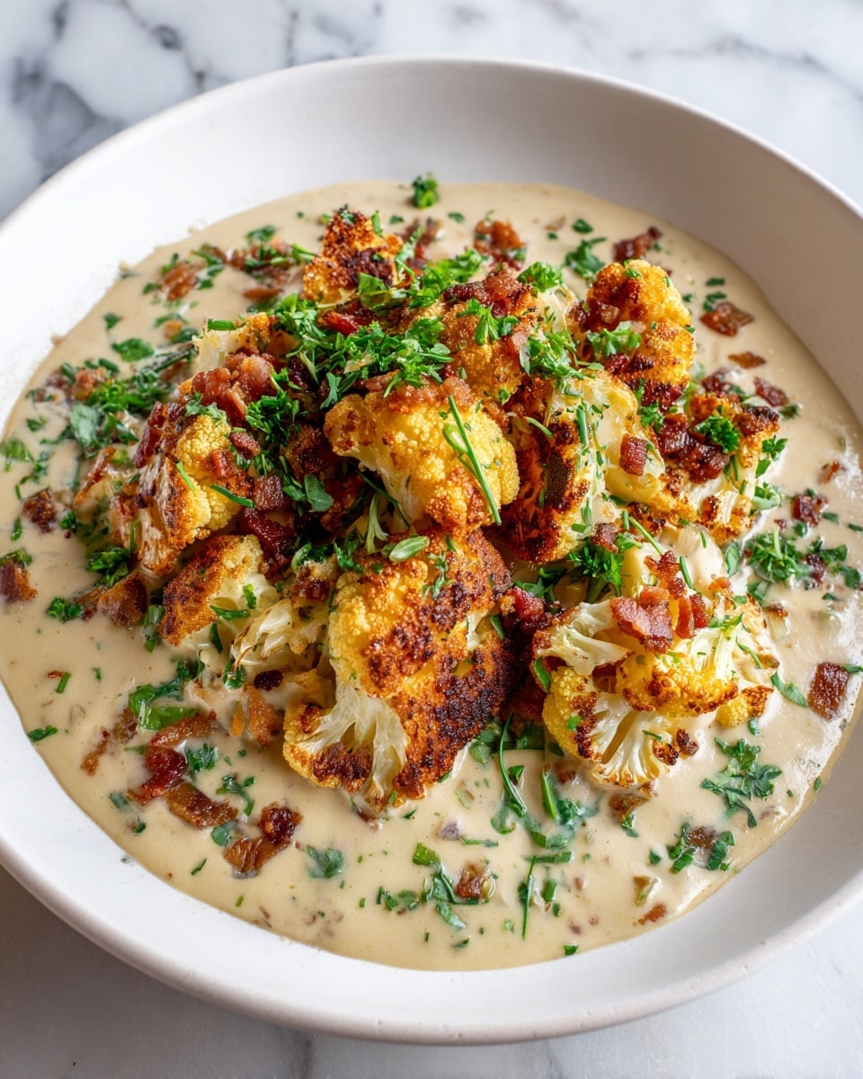 A white plate holds a creamy dish with a thick sauce base that is pale yellow and speckled with herbs, covering tender white and golden browned layers of flaky chicken. Crispy bits of browned bacon or similar meat are scattered on top, adding dark reddish-brown spots. The dish is garnished with small bright green chopped herbs spread evenly over the surface. The lighting highlights the richness of the creamy sauce and the crispy crust on the chicken. The plate sits on a white marbled texture. photo taken with an iphone --ar 4:5 --v 7