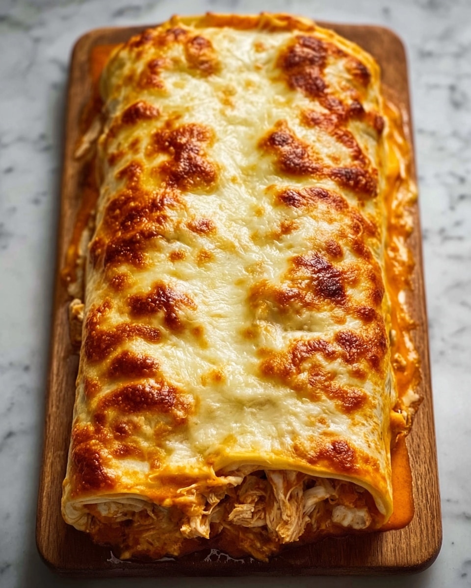 A long, rectangular baked dish sits on a white marbled surface, showing thick layers of melted cheese on top that is bubbly and golden brown, covering pulled shredded chicken underneath in a rich orange sauce. The edges of the dish reveal soft, folded dough wrapping the filling. The melted cheese stretches slightly in gooey strings, adding texture and warmth to the look. Photo taken with an iphone --ar 4:5 --v 7