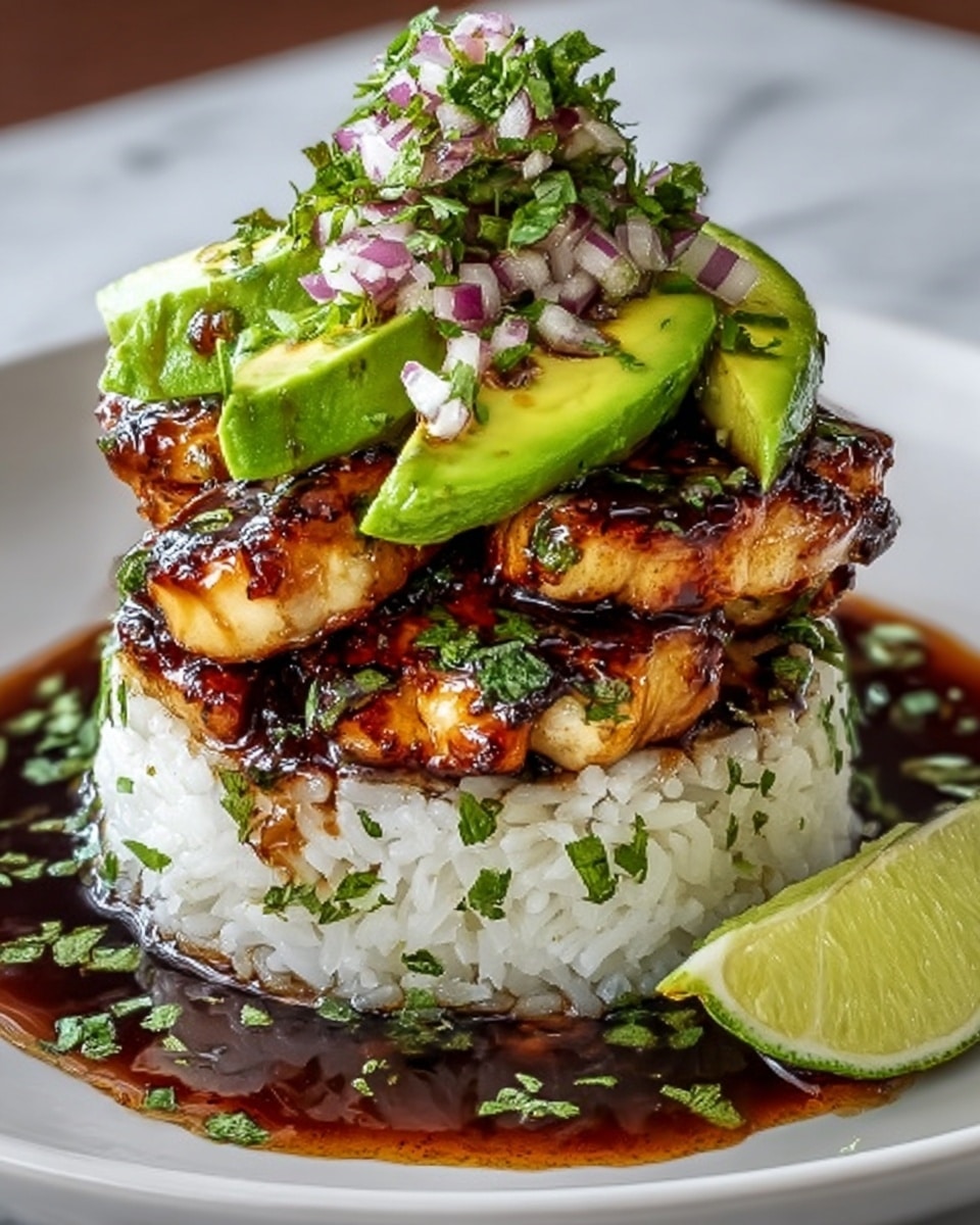 The image shows a layered dish on a white plate, placed on a white marbled surface. The bottom layer is a round mound of white rice mixed with chopped green herbs, and some dark brown sauce is pooled around the base. Sitting on the rice are two thick, glazed pieces of grilled chicken with a shiny, caramelized texture. Above the chicken are two slices of bright green avocado, topped with a garnish of finely chopped red onions and fresh green herbs. A wedge of lime rests beside the rice. The presentation is neat and colorful, with fresh and glossy textures. photo taken with an iphone --ar 4:5 --v 7