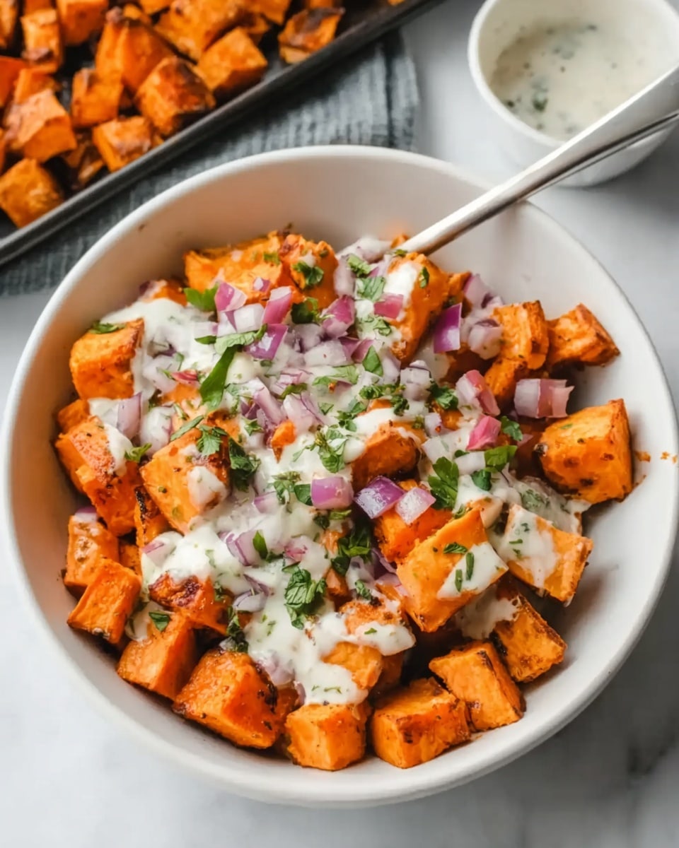 A white bowl filled with roasted orange sweet potato pieces on the left side, topped with a layer of creamy white sauce drizzled unevenly over the vegetables. There are small bits of chopped purple onion and green herbs scattered on top of the sauce, adding color contrast. A silver spoon is placed inside the bowl, with a woman's hand holding it from the upper right side. The bowl sits on a white marbled surface. Photo taken with an iphone --ar 4:5 --v 7