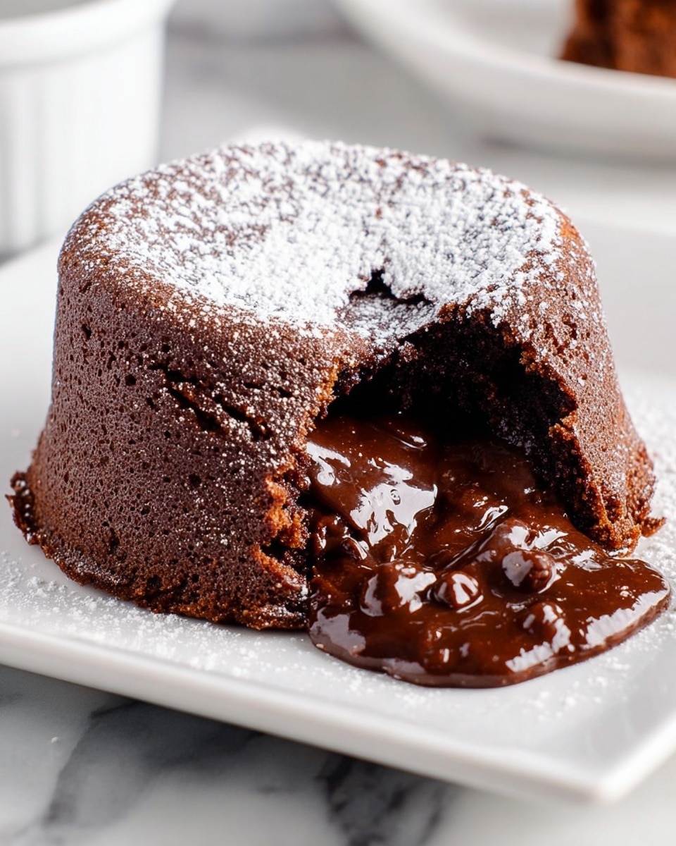 A small, round chocolate lava cake sits on a white square plate, dusted evenly on top with white powdered sugar. The cake has been cut open, revealing a rich, glossy, dark chocolate lava flowing out from the center. The outer cake layer is thick and slightly crumbly with a dark brown color, contrasting with the shiny, smooth, molten chocolate filling that oozes down onto the plate. The background shows a clean white marbled surface with soft lighting highlighting the glossy texture of the lava and the soft powdered sugar on top. photo taken with an iphone --ar 4:5 --v 7