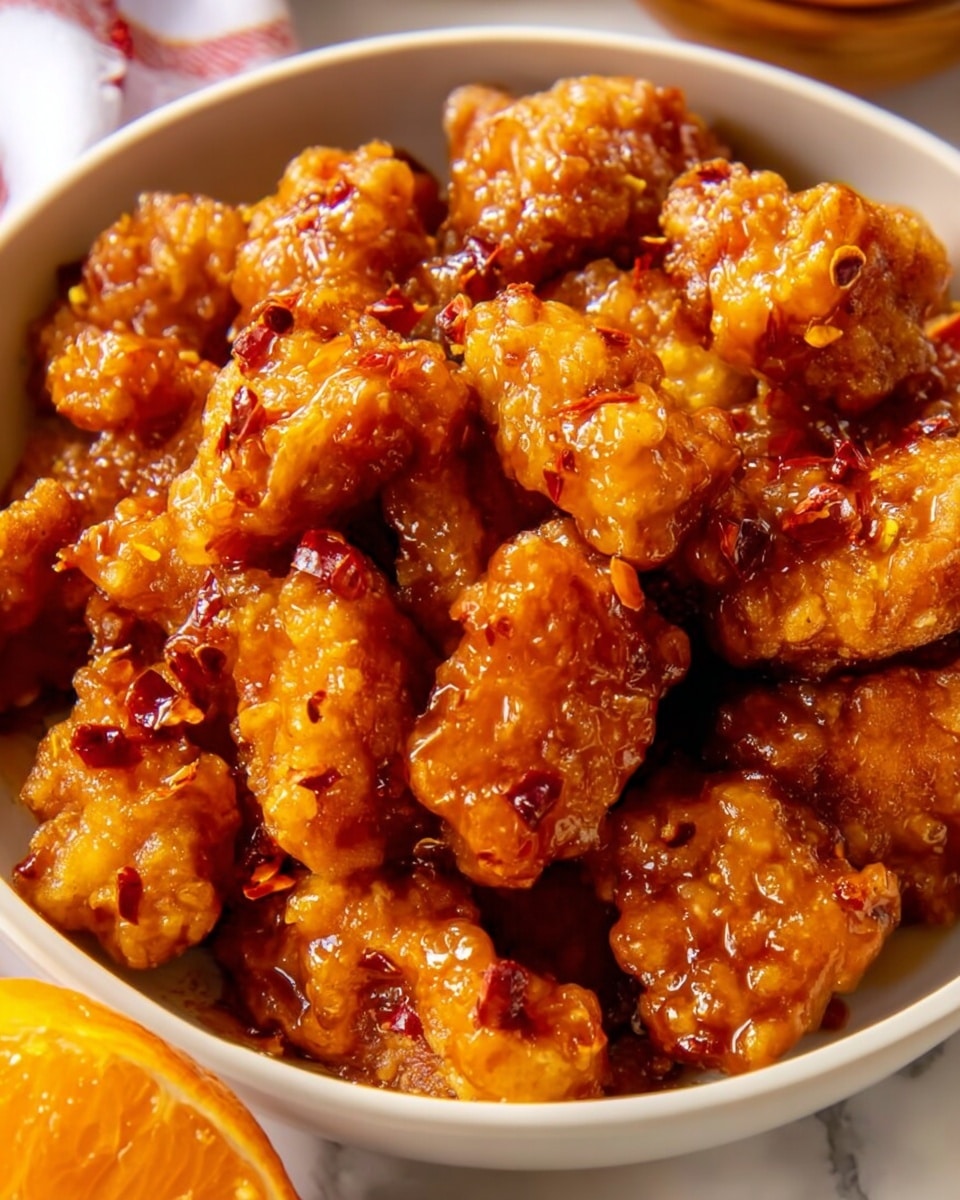 A white bowl filled with many small pieces of crispy fried chicken coated in a thick, shiny orange-red sauce that looks sticky and glossy. The chicken pieces are golden brown under the sauce with a textured, crunchy coating. The bowl is placed on a white marbled surface with part of an orange fruit visible at the edge. photo taken with an iphone --ar 4:5 --v 7