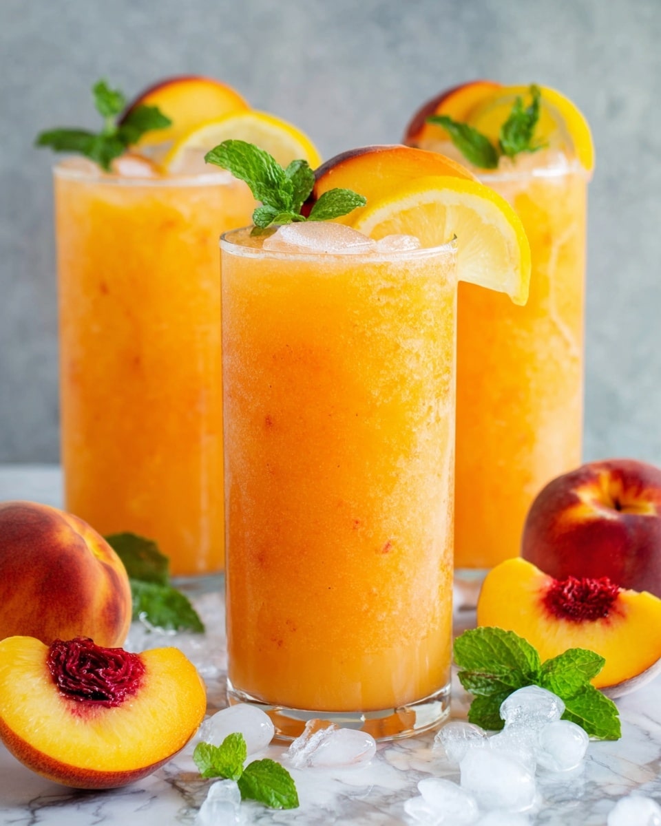 Three tall, clear glasses filled with an orange peach drink and ice cubes are shown. Each glass is topped near the rim with a slice of peach, a lemon wedge, and a small green mint leaf. The drink has a frothy layer at the top and orange specks inside. Around the glasses are sliced peaches, lemon slices, and a few mint leaves on a white marbled surface. Some ice cubes are scattered on the surface too. Photo taken with an iphone --ar 4:5 --v 7