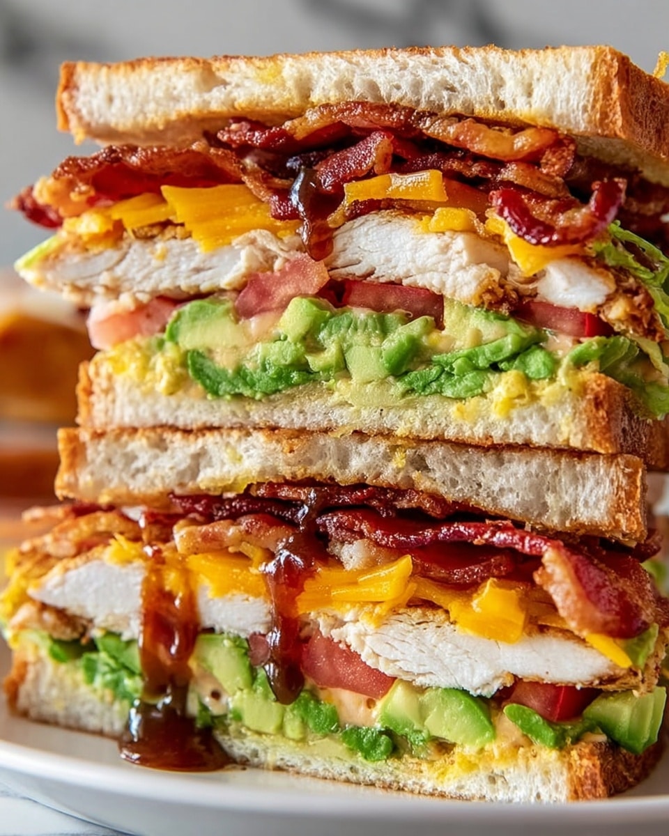 The image shows a close-up of a tall sandwich cut in half and stacked, with three layers of toasted white bread that are light brown and crispy. Between the bread slices, there are layers of crispy bacon on top, golden yellow cheddar cheese slices beneath, and thick white cooked chicken breast pieces. Fresh green lettuce leaves and slices of bright red tomato sit under the chicken, with creamy green avocado slices at the bottom. A dark brown sauce is drizzled over the bacon and cheese, adding shine and contrast. The sandwich is placed on a surface with a white marbled texture. Photo taken with an iphone --ar 4:5 --v 7