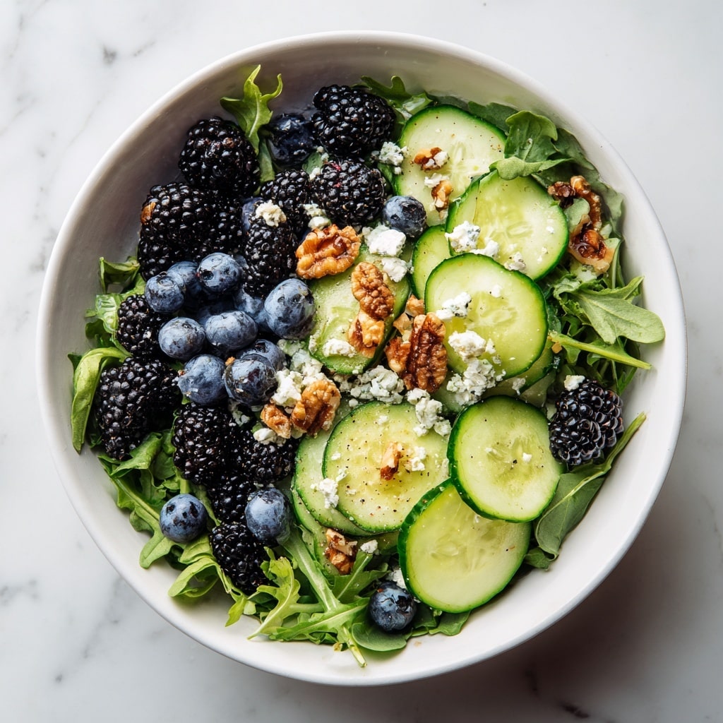 The image shows a white bowl filled with a fresh salad on a white marbled surface. The salad has a base layer of dark green leafy arugula, topped with slices of light green cucumber scattered around. On top of this are blackberries and blueberries spread evenly, adding a deep purple and blue color. There are small white crumbles of cheese sprinkled throughout the salad, with small pieces of brown nuts placed on top. The salad looks fresh and colorful with a mix of smooth and textured layers. Photo taken with an iphone --ar 4:5 --v 7