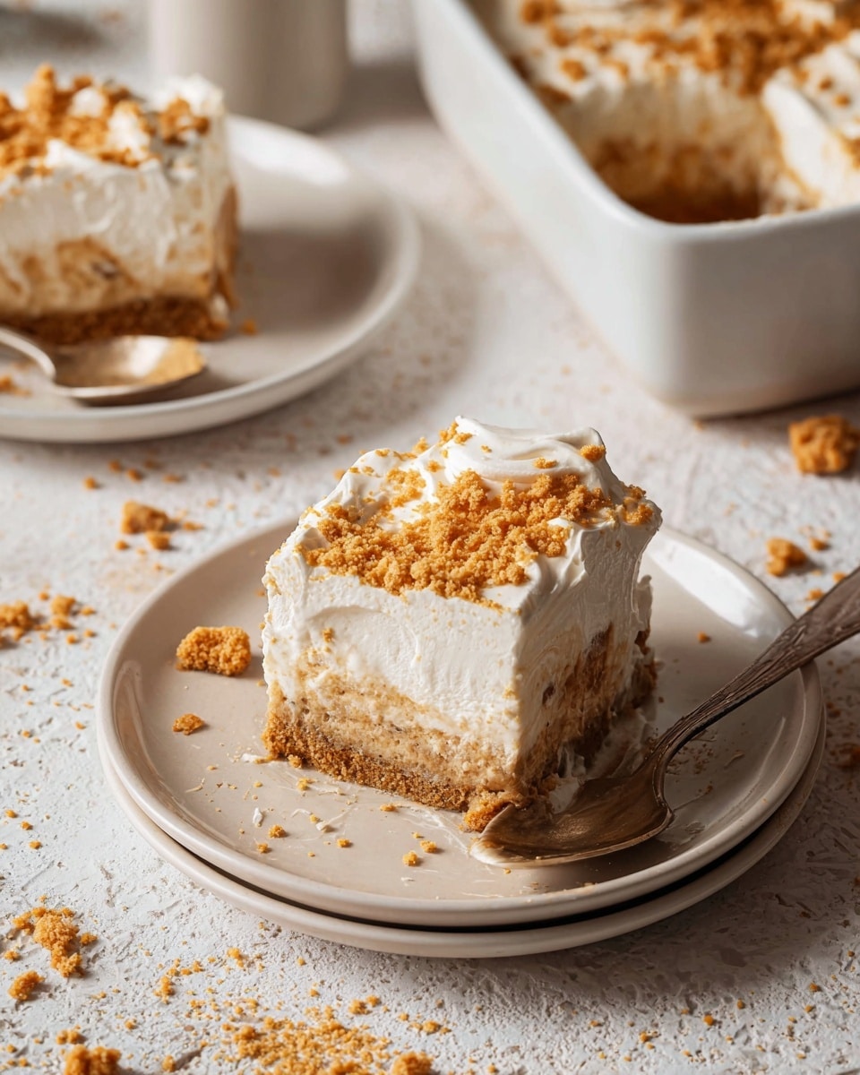 The image shows two servings of a three-layer dessert on white plates. The bottom layer is a soft, moist, light brown cake with a slightly sticky texture at the edges. The middle layer is very thin and barely visible, blending with the cake layer. The top layer is a thick, fluffy white cream with a smooth texture, sprinkled with crushed golden-brown cookie crumbs. In the background, there is a white rectangular dish holding the remaining dessert, also topped with cream and crumbs. The whole scene is set on a white marbled surface with a light beige napkin visible in the corner. Photo taken with an iphone --ar 4:5 --v 7