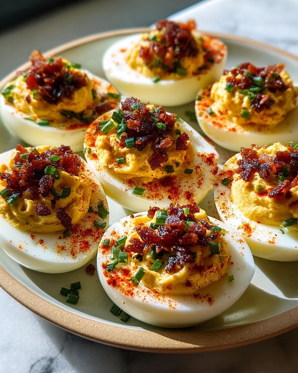 A white plate holds seven deviled eggs, each cut in half with smooth, white egg whites forming the base layer. The middle layer is a creamy, pale yellow yolk mixture piped generously into the hollows. On top of this, there are small, crispy, dark reddish-brown bacon pieces and finely chopped green chives scattered across each egg. The eggs are sprinkled lightly with a reddish-orange powder, likely paprika, adding color contrast. The scene is set on a white marbled textured surface with soft, natural light coming through a nearby window. photo taken with an iphone --ar 4:5 --v 7