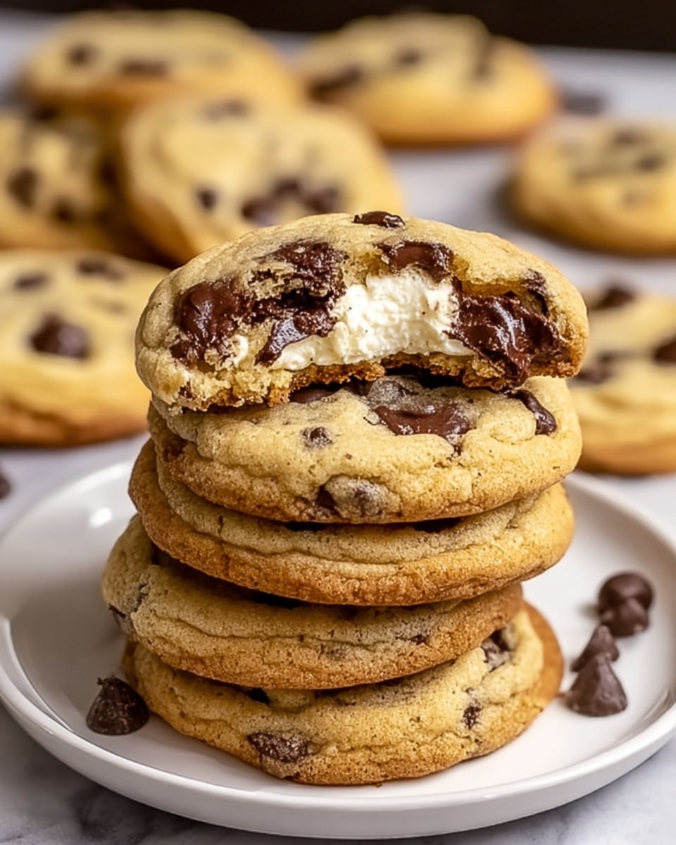 A white plate holds a stack of seven chocolate chip cookies with a golden brown color and visible dark chocolate chips on top. The top cookie is broken in half, revealing three layers inside: a top layer of soft cookie dough with chocolate chips, a middle layer of creamy white filling, and a bottom layer of dark, moist brownie. More chocolate chip cookies are arranged blurred in the background on a white marbled surface. photo taken with an iphone --ar 4:5 --v 7