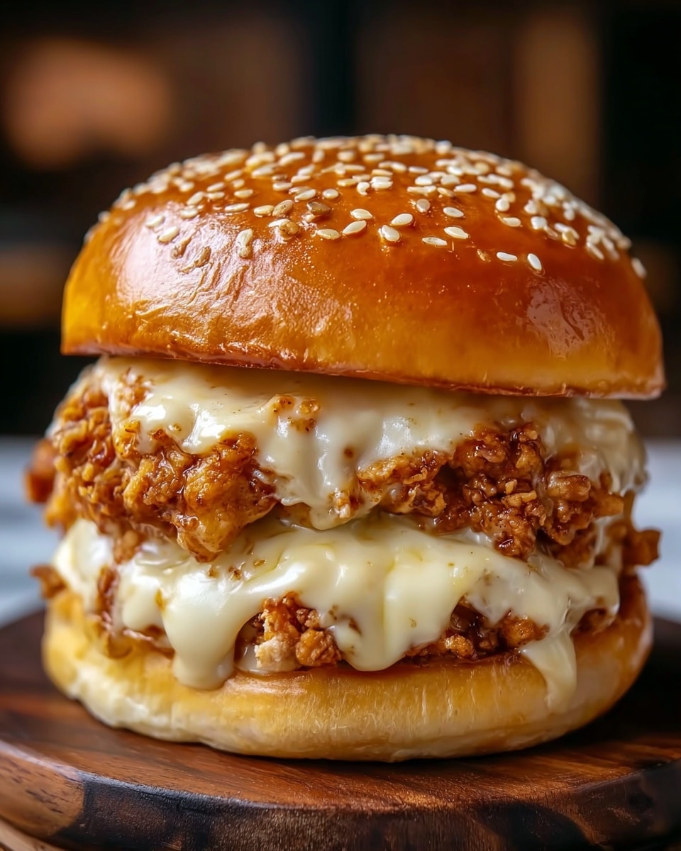A close-up of a sandwich with a soft, shiny sesame seed bun on top and bottom. Inside, there are two thick layers of crispy chicken pieces coated in creamy, melted cheese sauce that drips down the sides, giving a rich texture and golden brown color. The sandwich is placed on a dark wooden board, with a blurred background that contrasts with the sharp focus on the juicy, cheesy chicken layers in the center. photo taken with an iphone --ar 4:5 --v 7