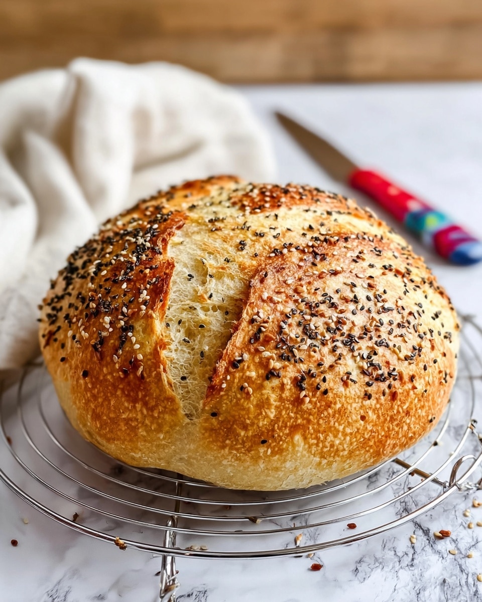 A round loaf of bread with a golden-brown crust sits on a silver cooling rack, sprinkled all over with a mix of white sesame seeds and black seasoning bits. The bread has visible cracks and a rough texture that shows its crisp outside and soft inside. A white cloth is softly draped in the background, resting on a white marbled surface. Next to the bread, there is a knife with a colorful handle that adds a bright touch to the scene. Photo taken with an iphone --ar 4:5 --v 7