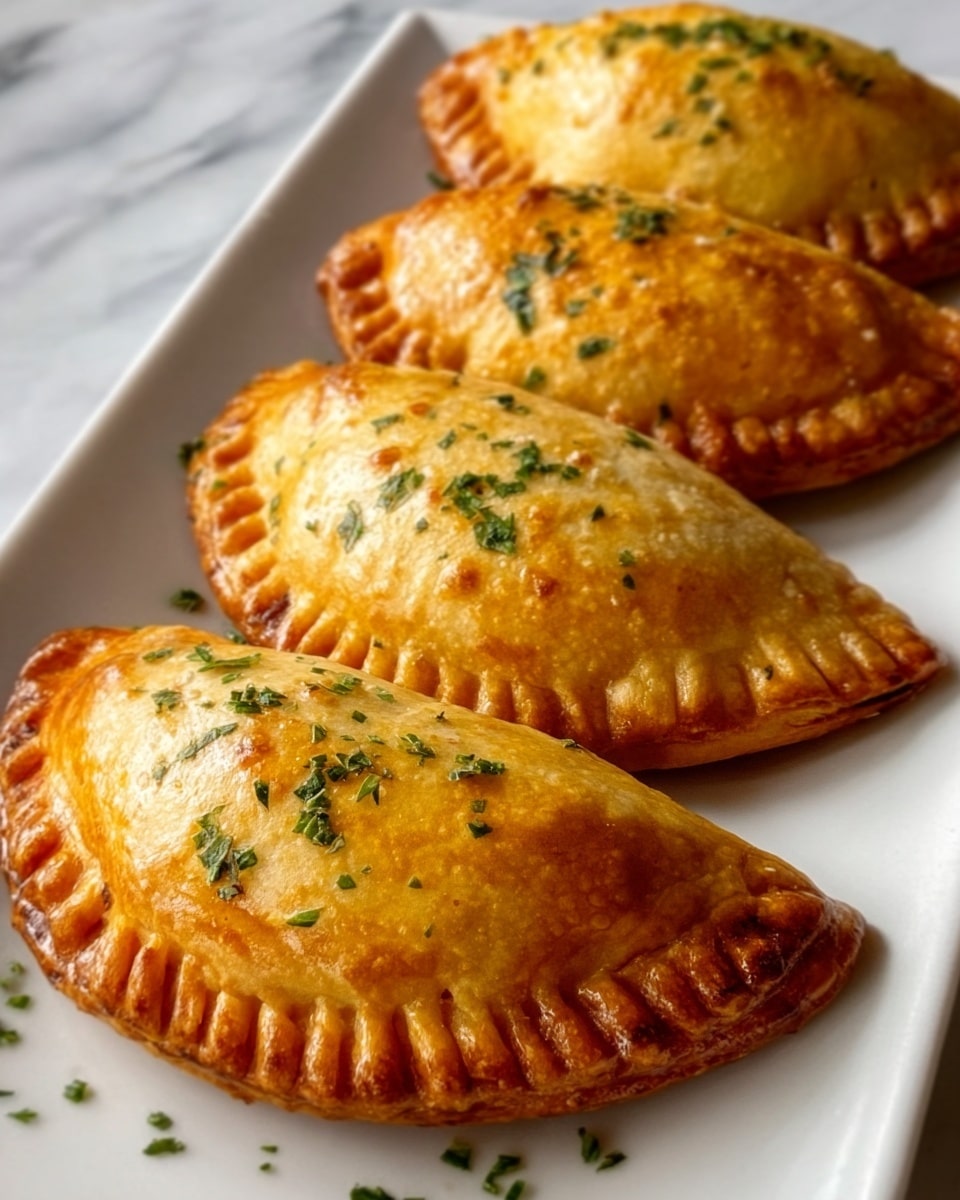 Four golden brown empanadas with detailed fork-sealed edges are neatly placed in a row on a long white plate. Each empanada is sprinkled lightly with chopped green herbs on top, giving a touch of fresh color. The shiny surface shows a perfect baked texture with slight browning, suggesting a crispy crust. The background is a smooth white marbled texture, adding a clean and simple look. photo taken with an iphone --ar 4:5 --v 7